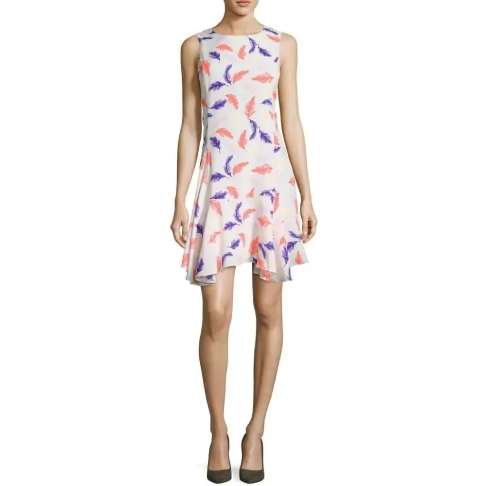 NWOT CeCe Delaney Sleeveless Flounce Hem Feather Print Dress Women's Size 6 - Picture 1 of 12